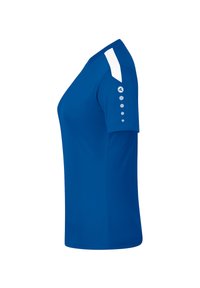 T-shirt sportivo blu reale con maniche corte, dotato di accenti bianchi sulle spalle e sei piccoli punti grigi sulla manica. Tessuto di texture liscia.
