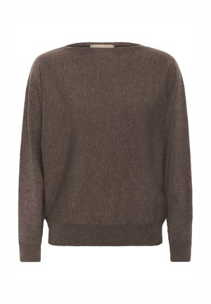 Brązowy sweter dzianinowy z szerokim dekoltem, długimi rękawami oraz ściągaczami na mankietach i dolnej krawędzi. Miękka tekstura i luźny krój.