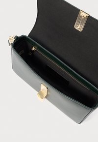 Zaļā ādas rokassoma ar zelta detaļām, taisnstūra formā un gludu tekstūru. Iekšpusē ir rāvējslēdzēja kabata un tumša oderējuma materiāls.