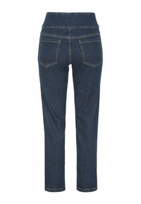 Mörkblå denimjeans med hög elastisk midja, rak benmodell och två bakfickor med kontrasterande söm.
