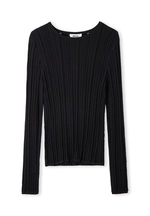 Czarny sweter z długim rękawem o prążkowanej teksturze, z okrągłym dekoltem i skomplikowanym wzorem dzianiny na całej powierzchni materiału.