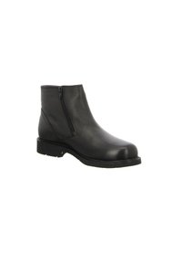 Schwarze Lederstiefelette mit glatter Oberfläche, seitlichem Reißverschluss und runder Zehenkappe. Verfügt über einen niedrigen, stabilen Absatz und ein minimalistisches Design.