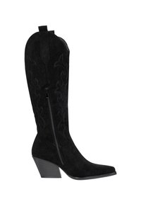 Schwarze Cowboy-Stiefel aus Wildleder mit spitzer Zehenpartie, hohem Schaft und dekorativer Naht. Ausstattung mit seitlichem Reißverschluss und übereinandergestapeltem Absatz.