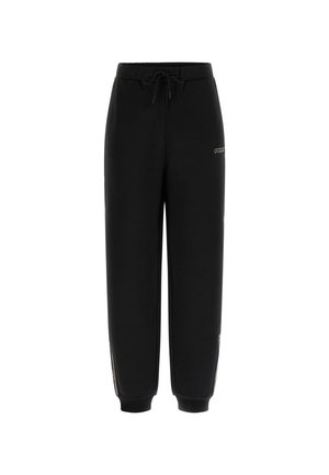 Pantaloni da tuta neri in morbido tessuto, con vita elastica e cordino, polsini alle caviglie e tasche laterali con zip e dettaglio del logo.