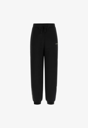 Pantaloni da tuta neri in morbido tessuto, con vita elastica e cordino, polsini alle caviglie e tasche laterali con zip e dettaglio del logo.