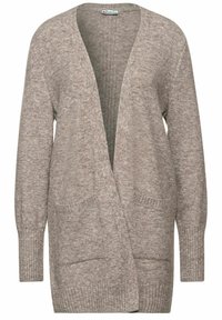 Dlouhý rukáv, otevřená taupe kardigan s ribbovanými manžetami a lemem, dvěma předními kapsami a měkkou pletenou texturou.