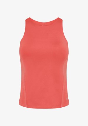 Top deportivo coral con cuello redondo. Hecho de un tejido suave, cuenta con costuras reforzadas y un logotipo en la parte inferior izquierda.