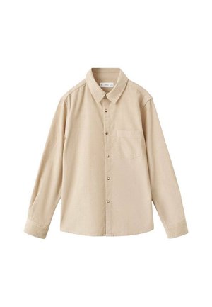Camicia button-up beige a maniche lunghe realizzata in tessuto morbido, con colletto classico e taschino sul petto. Design semplice senza motivi.