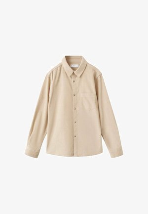 Chemise beige à manches longues avec des boutons, en tissu doux, dotée d'un col classique et d'une poche poitrine. Design simple sans motifs.