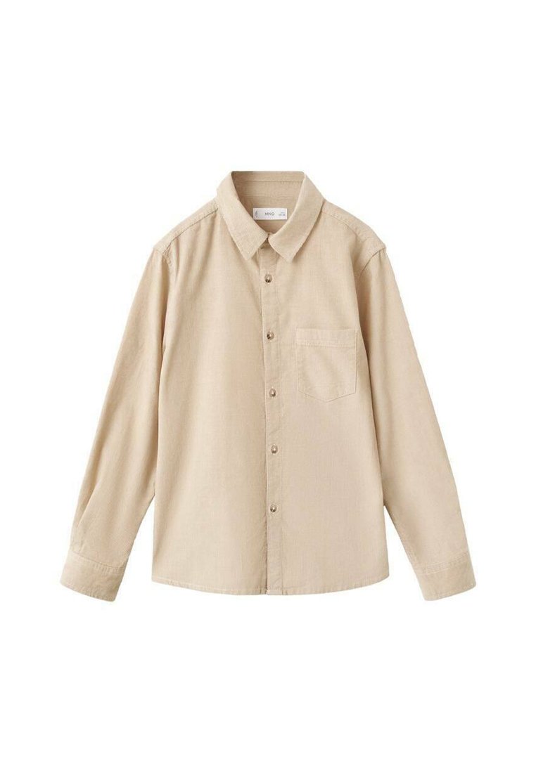 Bež srajca z dolgimi rokavi in gumbi iz mehkega blaga, s klasičnim ovratnikom in žepom na prsih. Enostaven dizajn brez vzorcev.