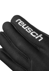 Guanti neri realizzati in morbido tessuto con cuciture rinforzate; presentano una superficie testurizzata e un logo "reusch" bianco ben visibile.