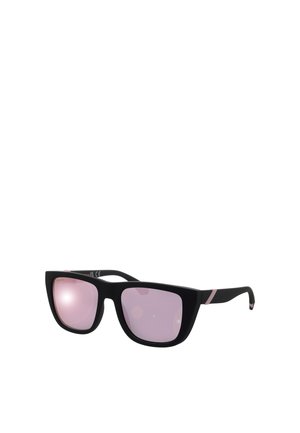 Schwarze rechteckige Sonnenbrille mit rosa verspiegelten Gläsern und subtilen rosa Akzenten an den Bügeln, gezeigt vor weißem Hintergrund.