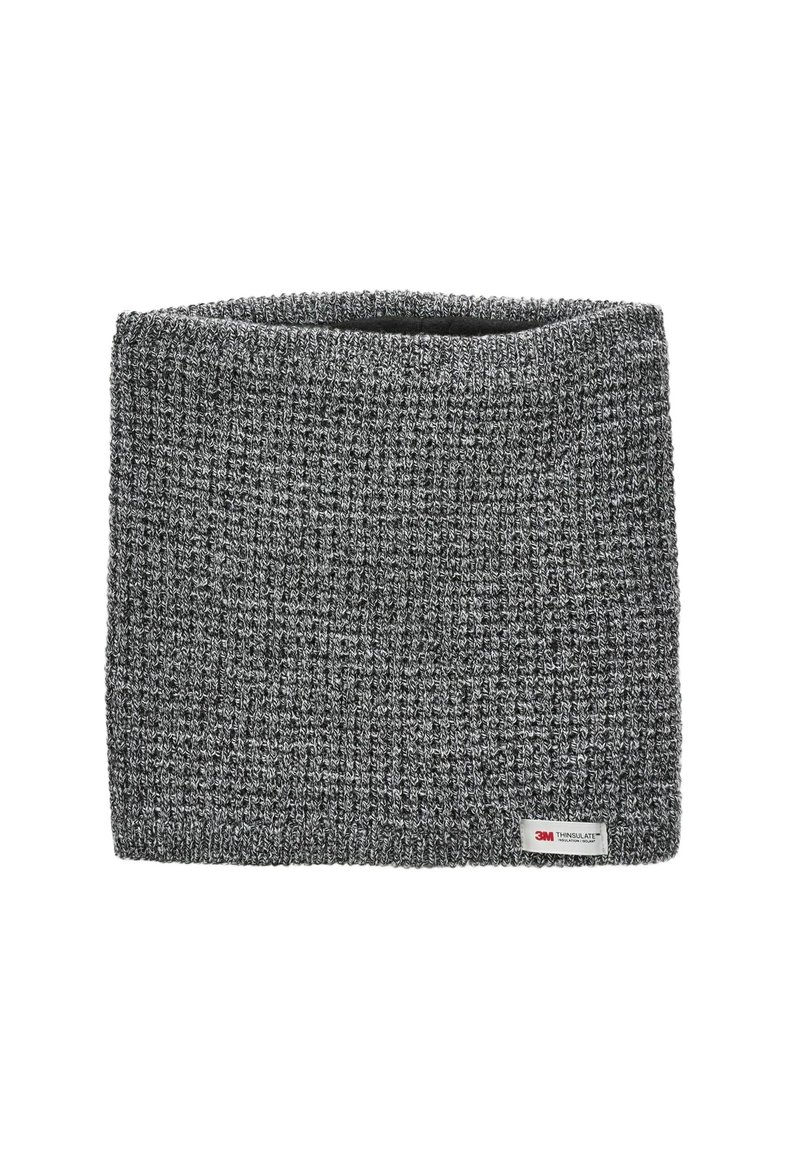 Szürke kötött nyakmelegítő, texturált mintával, finom márkacímkével. Szigetelő anyagból készült a meleg érzetért.