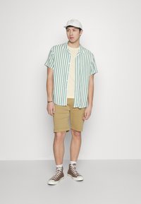 Kurzärmliges grün-weiß gestreiftes Hemd, gelbes T-Shirt darunter, beige Shorts, braune hohe Turnschuhe, Baseballmütze mit Eiscreme-Logo.