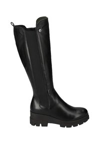 Stivale in pelle nera fino al ginocchio con suola spessa, pannello laterale elastico per maggiore flessibilità, linguetta sulla parte superiore e design a punta rotonda.