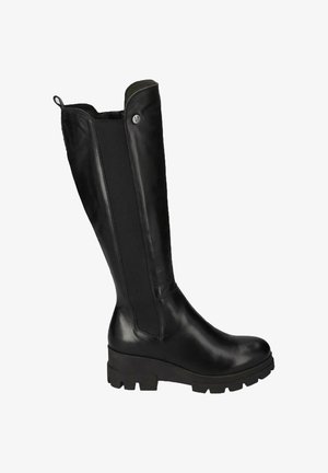 Stivale in pelle nera fino al ginocchio con suola spessa, pannello laterale elastico per maggiore flessibilità, linguetta sulla parte superiore e design a punta rotonda.