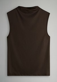 Sleeveless top in dark brown fabric, smooth texture, round neckline, and straight hem. No visible patterns or hardware details.