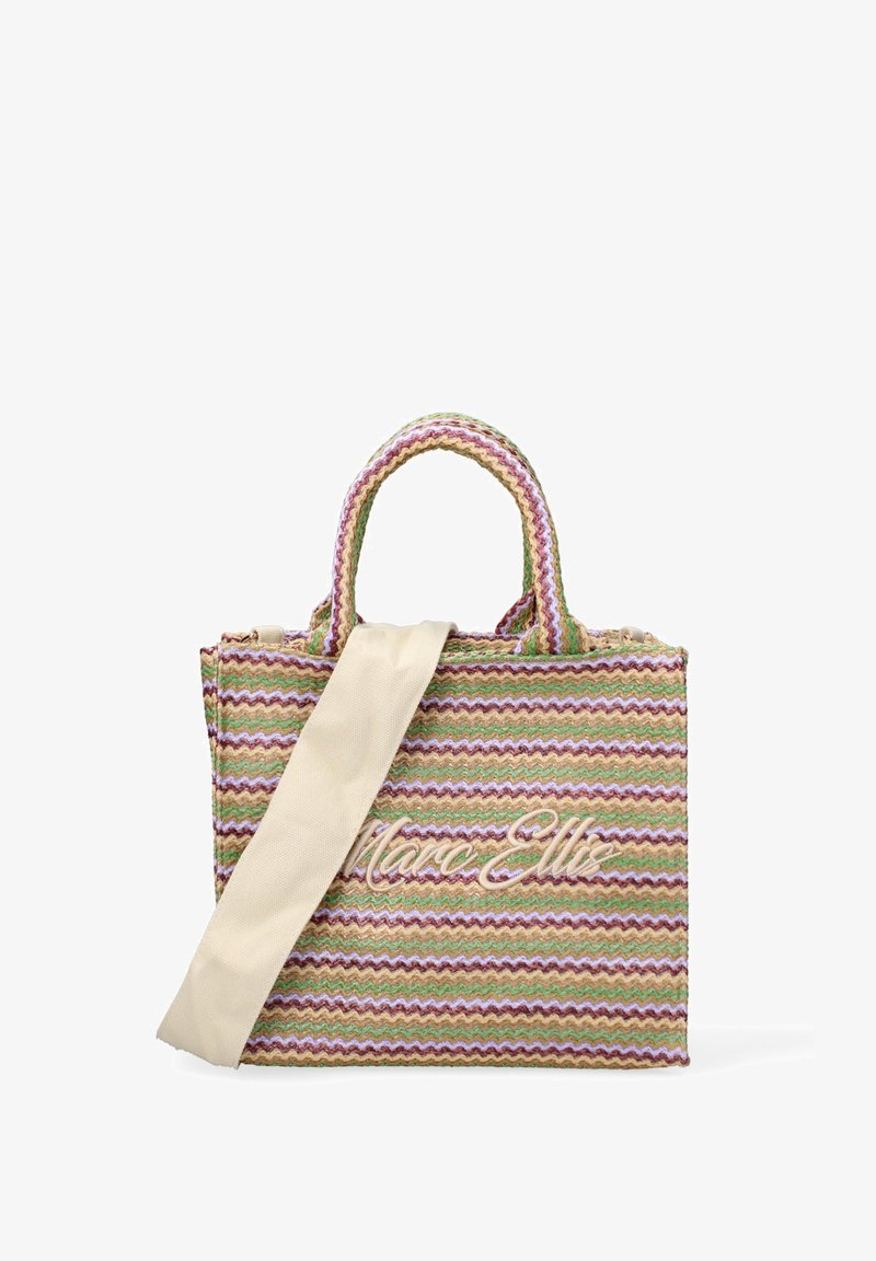 Sac fourre-tout tissé avec un motif zigzag pastel et une sangle beige. Présente le logo "Marc Ellis" à l'avant, une surface texturée et des poignées robustes.