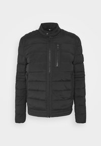 Black puffer jacket with a high collar, horizontal stitching, front zip closure, and zippered pockets on the chest and sides.