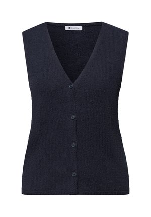 Mørk marineblå ærmeløs strikket vest med knapper, V-hals og tekstureret stof.
