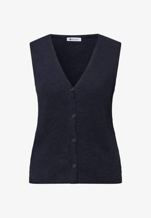 Gilet senza maniche in maglia blu navy scuro con bottoni, scollo a V e tessuto strutturato.
