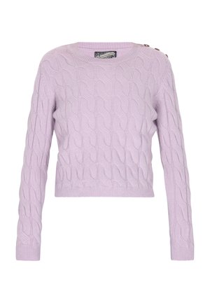 Suéter de punto trenzado en lavanda con mangas largas, escote redondo y tres botones decorativos en el hombro. Textura suave y diseño corto.