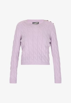 Lavender cable-knit sweater with long sleeves, round neckline, and three decorative buttons on the shoulder. Soft texture and cropped design.