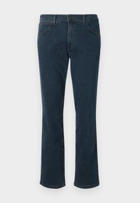 Jeans acampanados de color azul oscuro, hechos de denim, con una cinturilla que cuenta con un cierre de botón, cuatro bolsillos y un acabado texturizado.