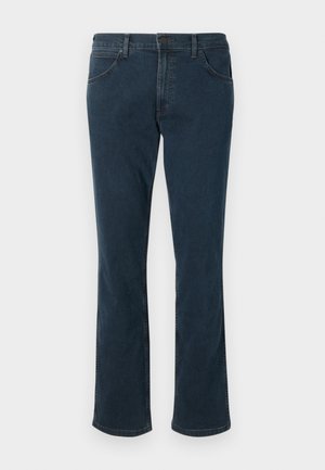 Jeans a zampa d'elefante blu scuro in denim, con una vita dotata di chiusura a bottone, quattro tasche e una finitura testurizzata.