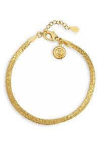Bracciale in oro con finitura testurizzata, dotato di chiusura a gancio e di un charm con un logo decorativo. Catena regolabile per la misura.