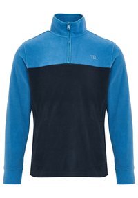 Fleece-Pullover in Hellblau und Dunkelblau mit einem Viertel-Reißverschlusskragen, langen Ärmeln und seitlichen Taschen. Mit einem Logo auf der Brust.