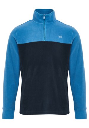 Fleece pullover in lichtblauw en donker marine met een kraag met kwartrits, lange mouwen en zijzakken. Heeft een logo op de borst.