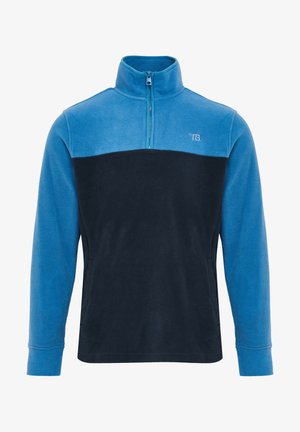 Fleece pullover in lichtblauw en donker marine met een kraag met kwartrits, lange mouwen en zijzakken. Heeft een logo op de borst.