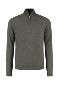 Grijze gebreide pullover met een kwart ritssluiting, lange mouwen, ribgebreide manchetten en zoom, met een soepele, zachte textuur.