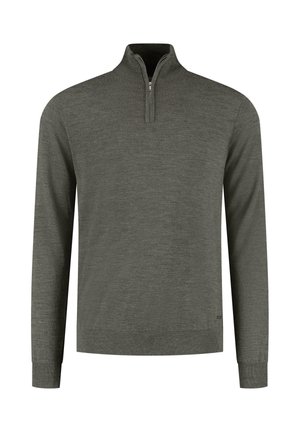 Šedý pletený pulovr s čtvrtzipovým límcem, dlouhými rukávy, žebrovanými manžetami a lemem, s hladkou, měkkou texturou.