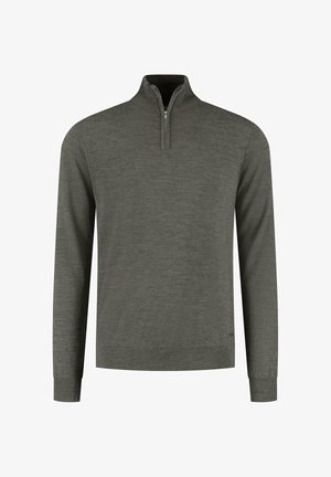 Szary sweter z dzianiny z ćwierć zamkiem, długimi rękawami, ściągaczami na mankietach i dolnej krawędzi, charakteryzujący się gładką, miękką teksturą.