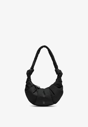 Black crescent-shaped shoulder bag with padded twisted strap, ruched fabric details, and small "Got Bag" logo near base.