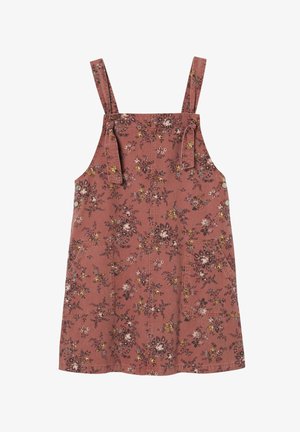 Robe salopette à fleurs couleur rouille avec poches avant, bretelles réglables nouées en nœuds et fermetures à boutons sur le côté.