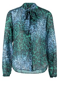 Blouse en voile présentant un motif léopard vert et bleu, manches longues, devant boutonné et détail de nœud noué au col.