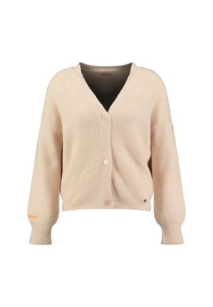 Beżowy sweter na drutach z dekoltem w serek, trzema guziki z przodu, długimi rękawami, zakończony ściągaczami na mankietach oraz małymi haftowanymi detalami na rękawie i na dole.