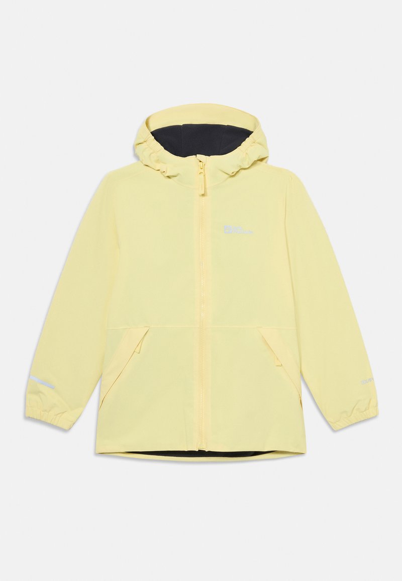 Hellgelbe Kapuzenjacke mit Frontreißverschluss, zwei Taschen, elastischen Bündchen und schwarzem Innenfutter, geeignet für den Außenbereich.