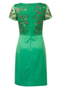 Zelené šaty s krátkými rukávy z průhledné látky a květinovou výšivkou. Hladký saténový materiál s přiléhavým střihem a zipem na zadní straně.