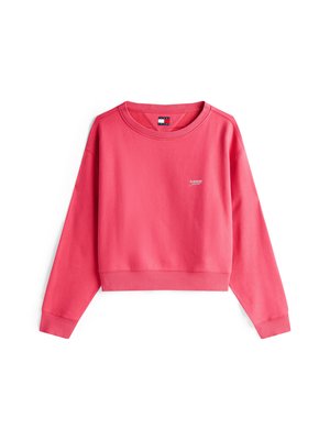 Pink cropped sweatshirt made of soft cotton, featuring a round neckline, long sleeves, ribbed cuffs, and a small logo on the front.