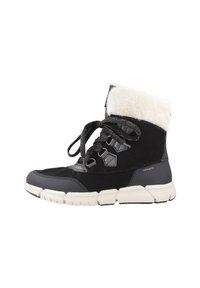 Botas de invierno negras con puño de piel sintética blanca, cordones en la parte frontal y suela blanca gruesa, diseñadas para el clima frío.