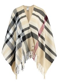 Poncho en laine à carreaux beige avec motifs à carreaux noirs, blancs et rouges, ouverture sur le devant et ourlet à franges, idéal pour superposer.
