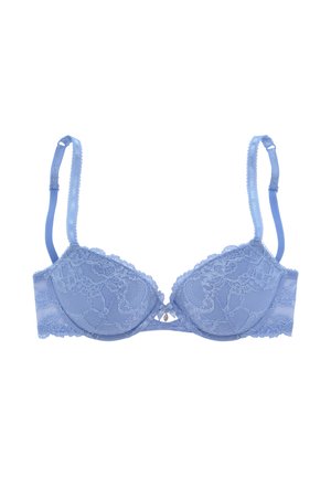 Light blue lace bra with padded cups, adjustable straps, and scalloped edges. Features a small decorative bow at the center front.