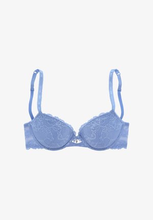 Himmelblauer Spitzen-BH mit gepolsterten Cups, verstellbaren Trägern und gewellten Rändern. Besitzt eine kleine dekorative Schleife in der Mitte vorne.