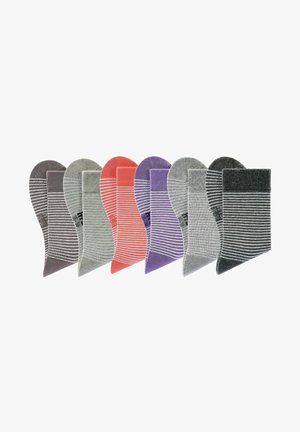 Acht Paar Crew-Socken in verschiedenen Farben (Grau, Lila, Koralle) und Mustern mit Streifen. Aus weichem Material mit gerippten Oberteilen für zusätzlichen Komfort.