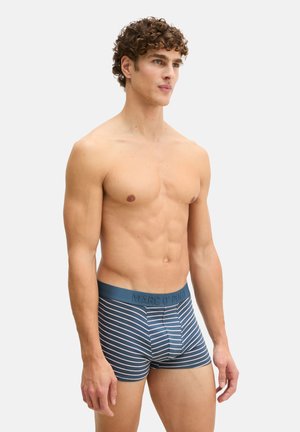 Oberkörperfreier Mann mit lockigem Haar, der blaue und weiße gestreifte Boxershorts mit gebrandetem Bund trägt und vor einem schlichten hellen Hintergrund steht.