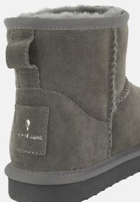 Stivaletti alla caviglia in suede grigio con una morbida fodera in pelliccia, dettagli cuciti e suola piatta in gomma con una linguetta sul retro.